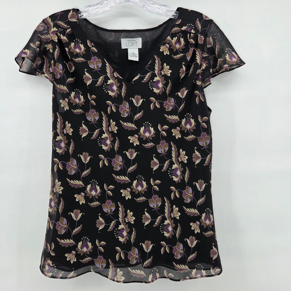 Ann Taylor‎ LOFT Floral Blouse Small Black Flutter Sleeve Vintage Y2K Whimsygoth